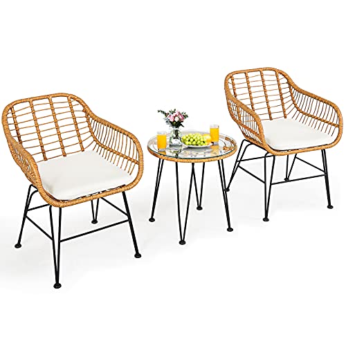 3 Pieces Outdoor Wicker Bistro Set with Cushions D914