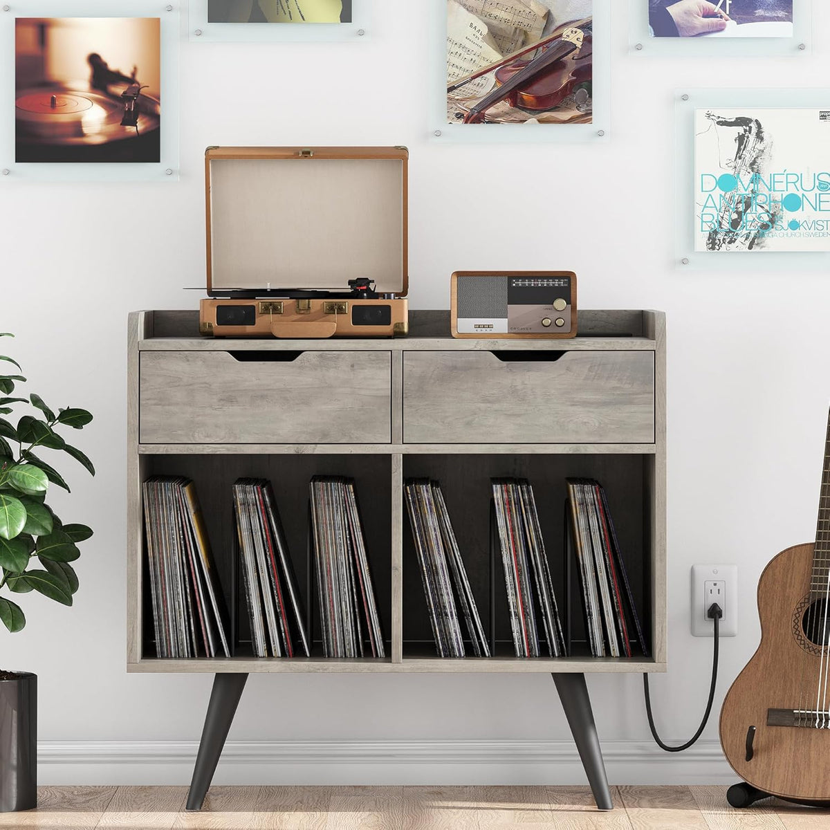 Gray Wooden Record Player Stand with Storage and Drawers C612214