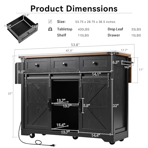 Kitchen Island with Power Outlet, 2 Sliding Barn Door Storage Island with Drop Leaf, Spice Rack Rolling Cart on Wheels W549