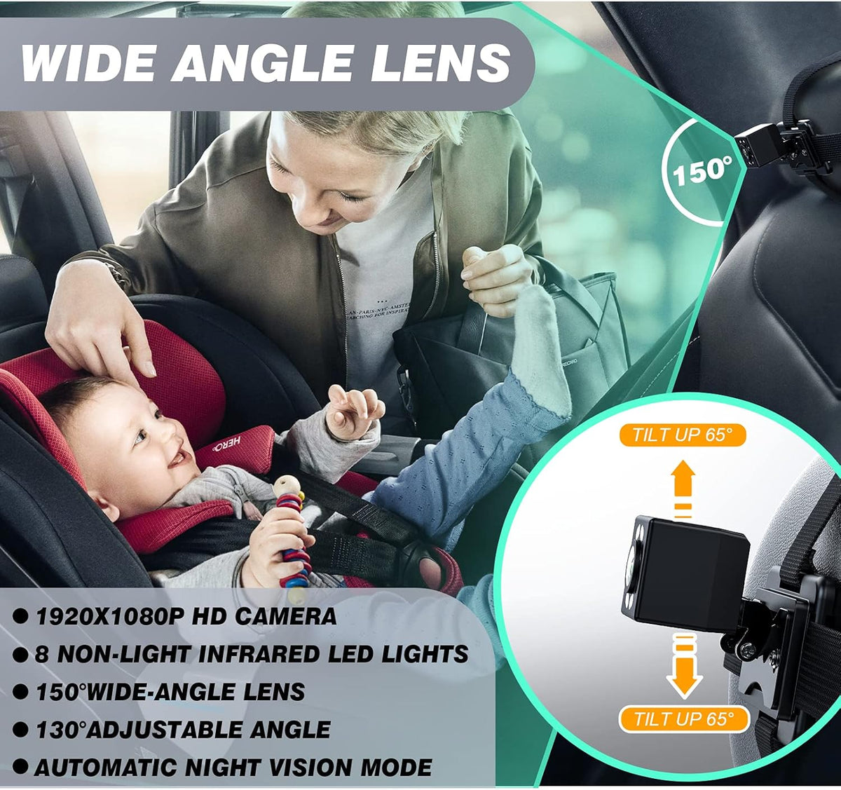 Baby Car Camera with 4.3'' HD Display, 1080P Night Vision, 360° Rearview Mirror Display Bracket O26401