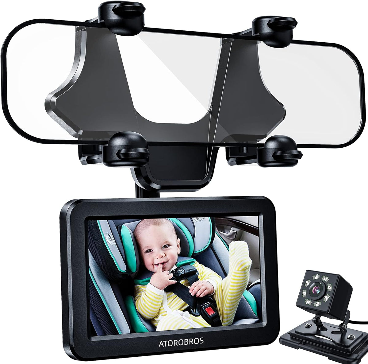 Baby Car Camera with 4.3'' HD Display, 1080P Night Vision, 360° Rearview Mirror Display Bracket O26401