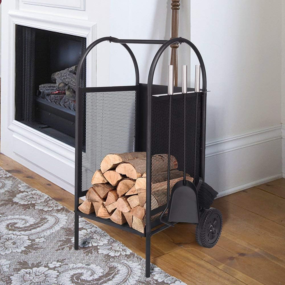 Black Wrought Iron Firewood Cart with Large Wheels F1326