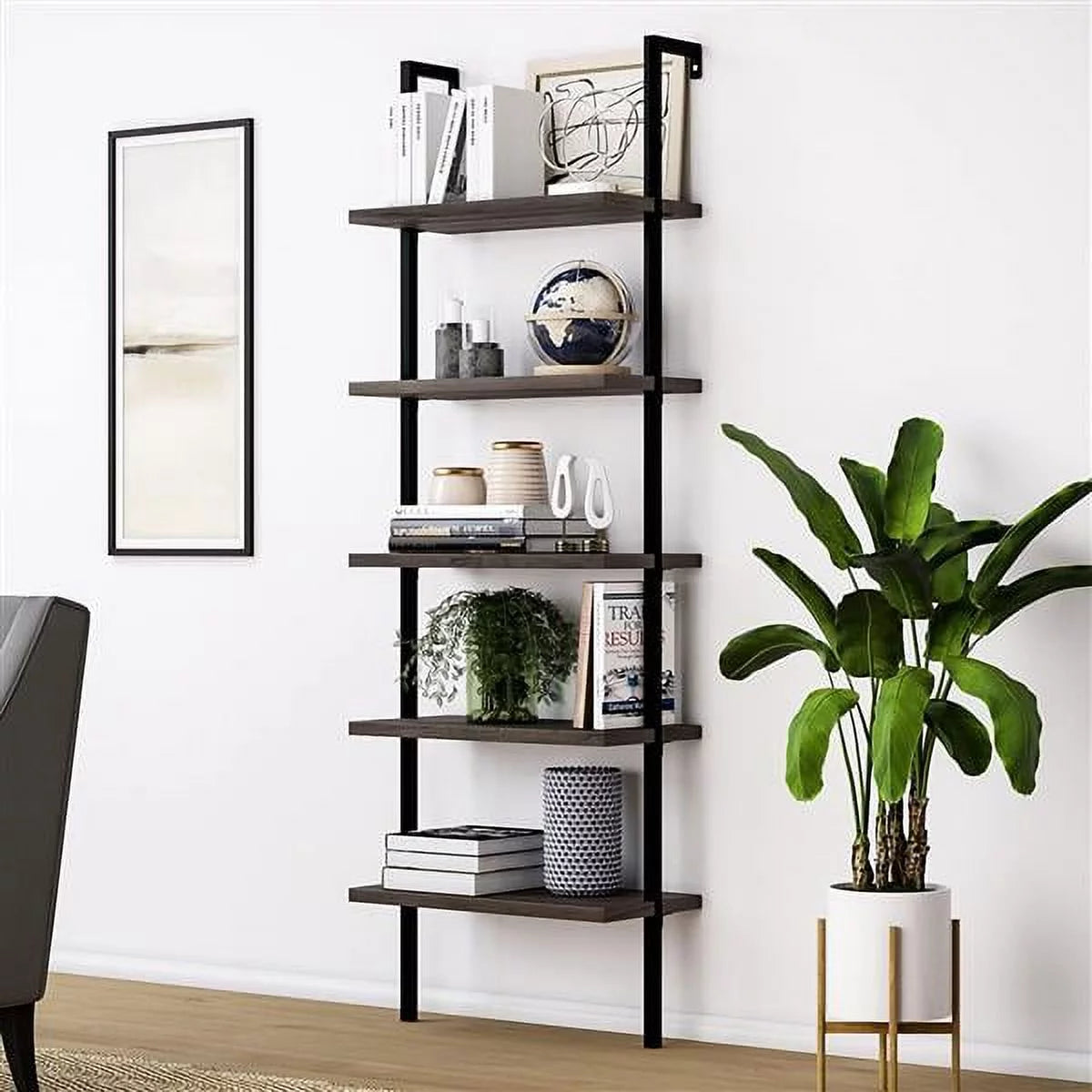 5-Shelf Wood Ladder Bookcase with Metal Frame N442319