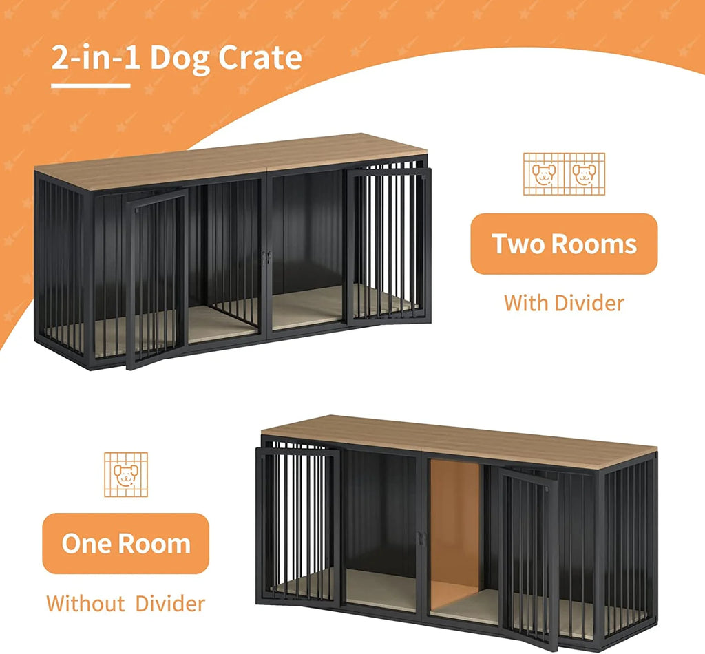Black Large 2 Dog Steel Frame Wooden Top Crate Furniture O342