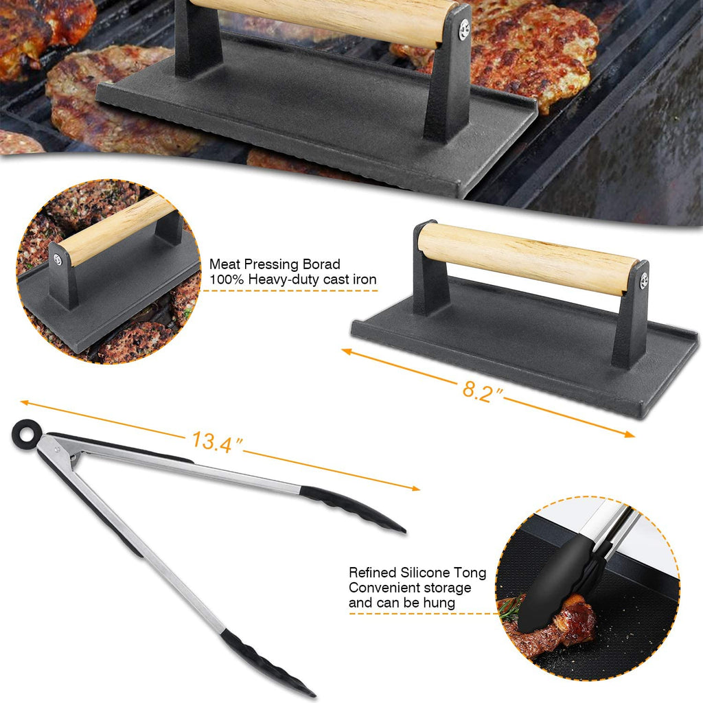 Griddle Tool Set Flat Top Grill Accessories Kit with 304 Melting Dome Lid, Spatulas, Scraper, Egg Rings, Burger Press Carrying Bag & Squirt Bottles A37412