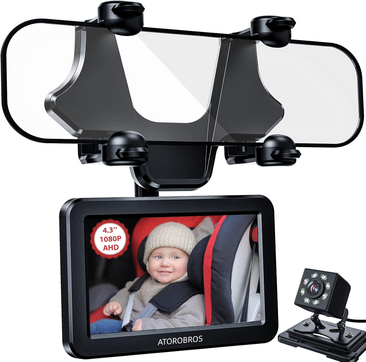 Baby Car Camera with 4.3'' HD Display, 1080P Night Vision, 360° Rearview Mirror Display Bracket O26401