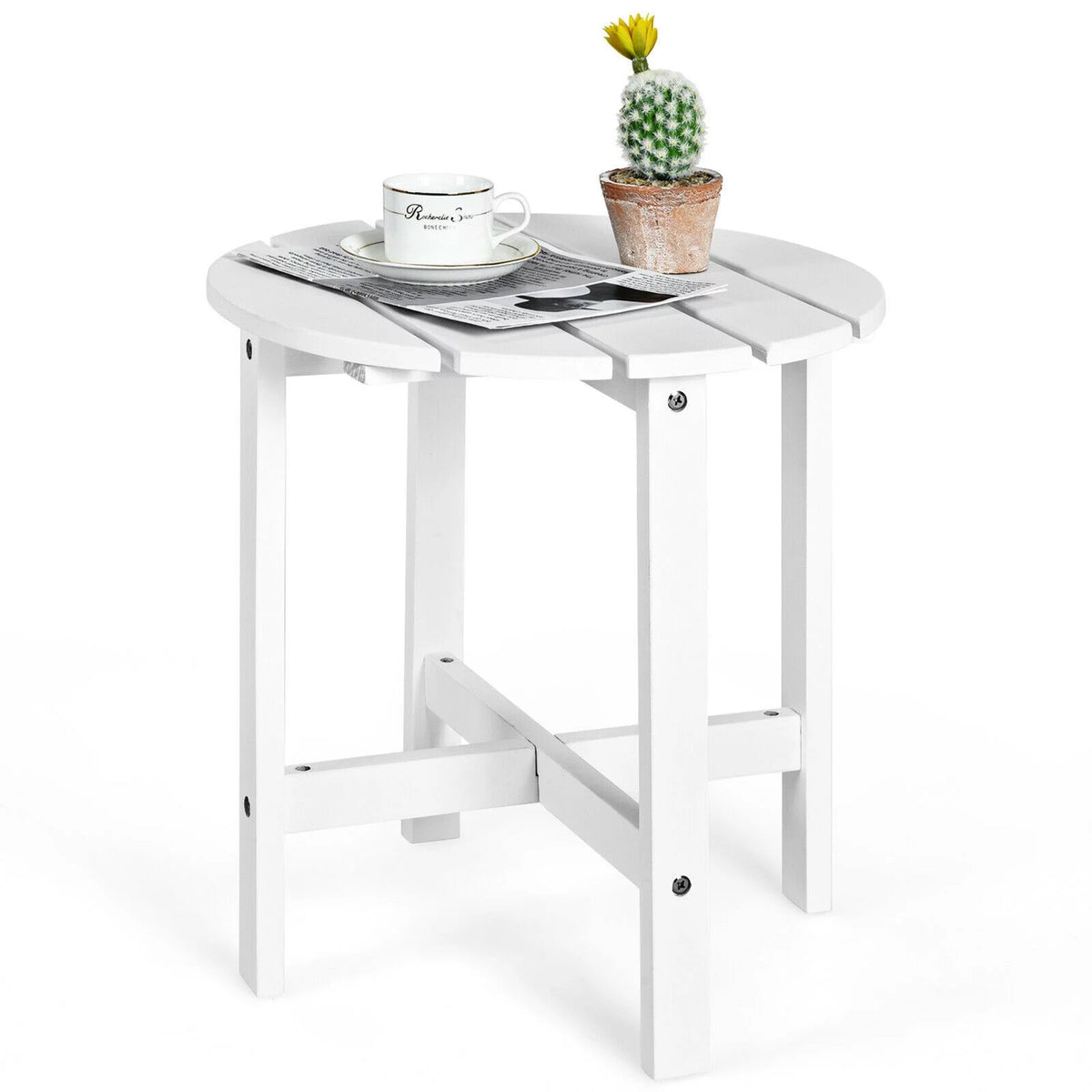 18" Round Wooden Slat Patio Side Table in White F167899