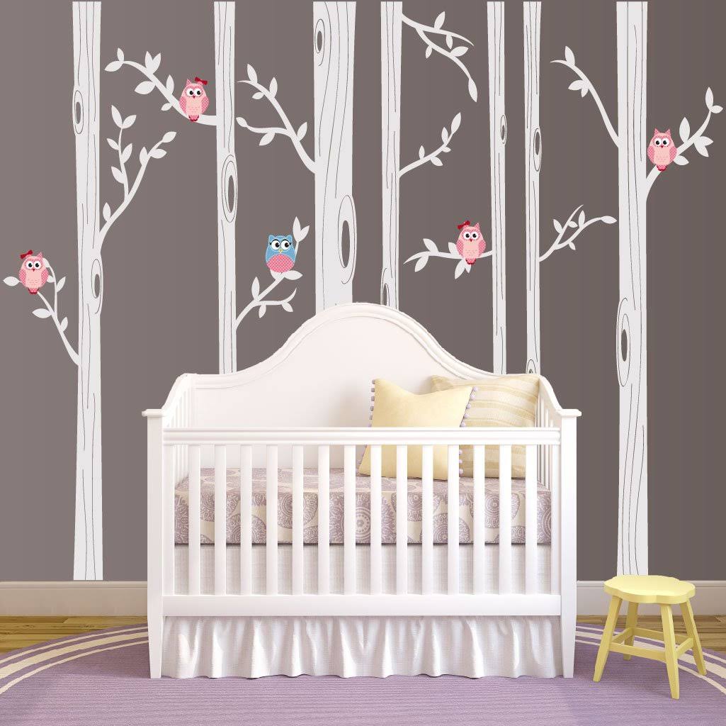Birch Tree Wall Decal Set with Owl Birds Vinyl Sticker V95525