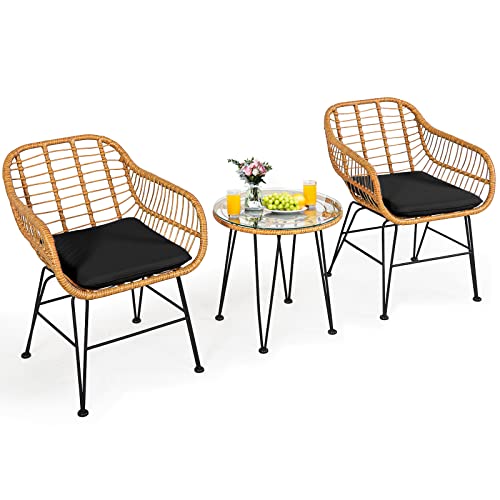 3 Pieces Outdoor Wicker Bistro Set with Cushions D914