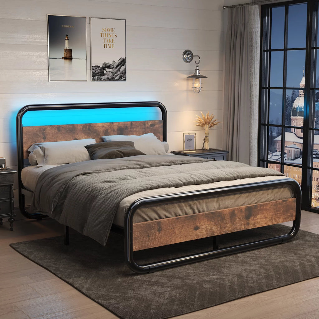 Queen Size Metal Platform Bed Frame with Wooden Headboard T347294
