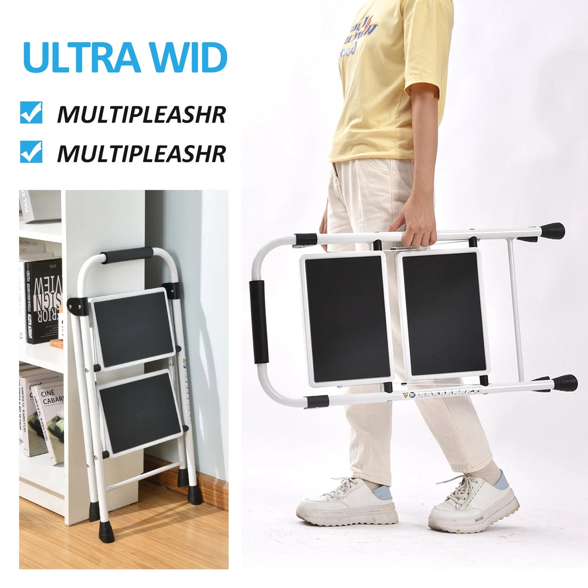 2 Step Stool Folding Step Ladder Non-slip White P291626