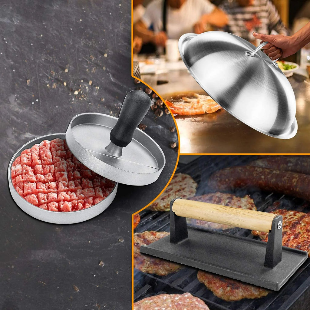 Griddle Tool Set Flat Top Grill Accessories Kit with 304 Melting Dome Lid, Spatulas, Scraper, Egg Rings, Burger Press Carrying Bag & Squirt Bottles A37412