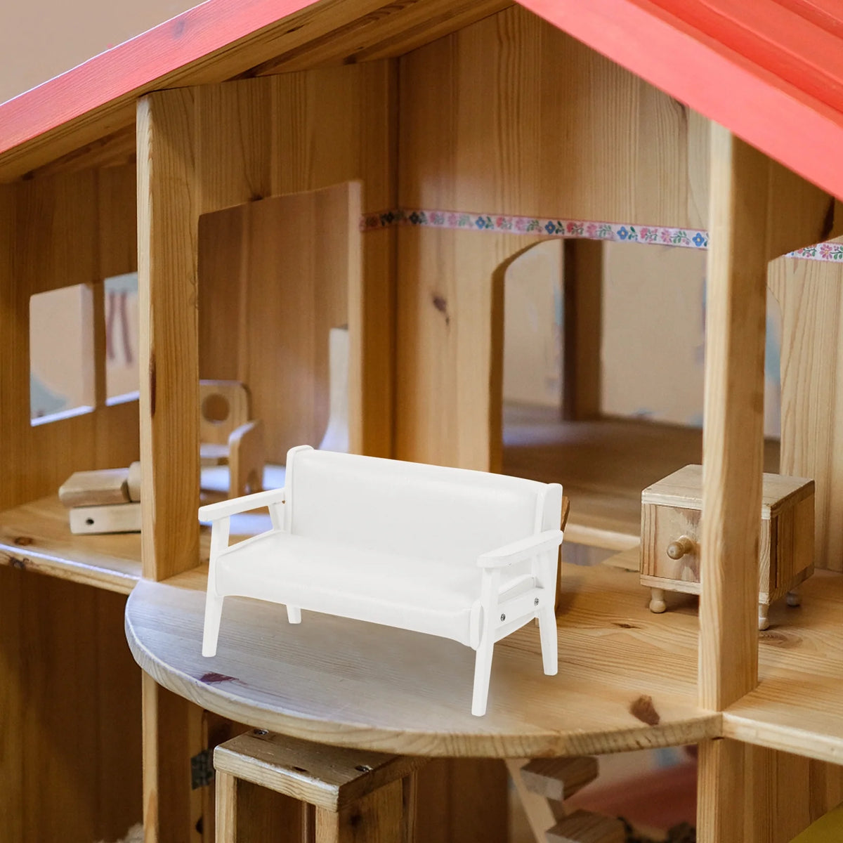 White Leather Wooden Miniature Chair House W60628