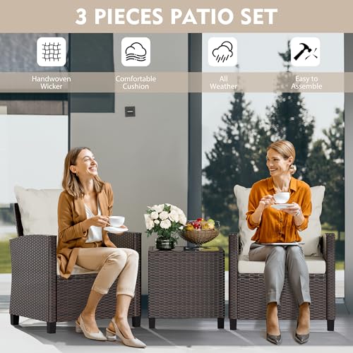 3 Piece Wicker Rattan Patio Furniture Set with Glass Table R29027