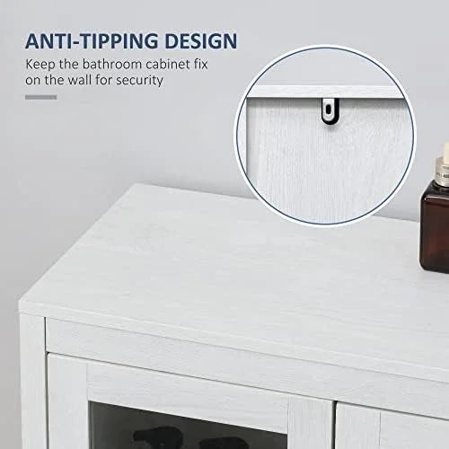 White Wooden Bathroom Floor Cabinet with Double Glass Doors and Adjustable Shelves L965