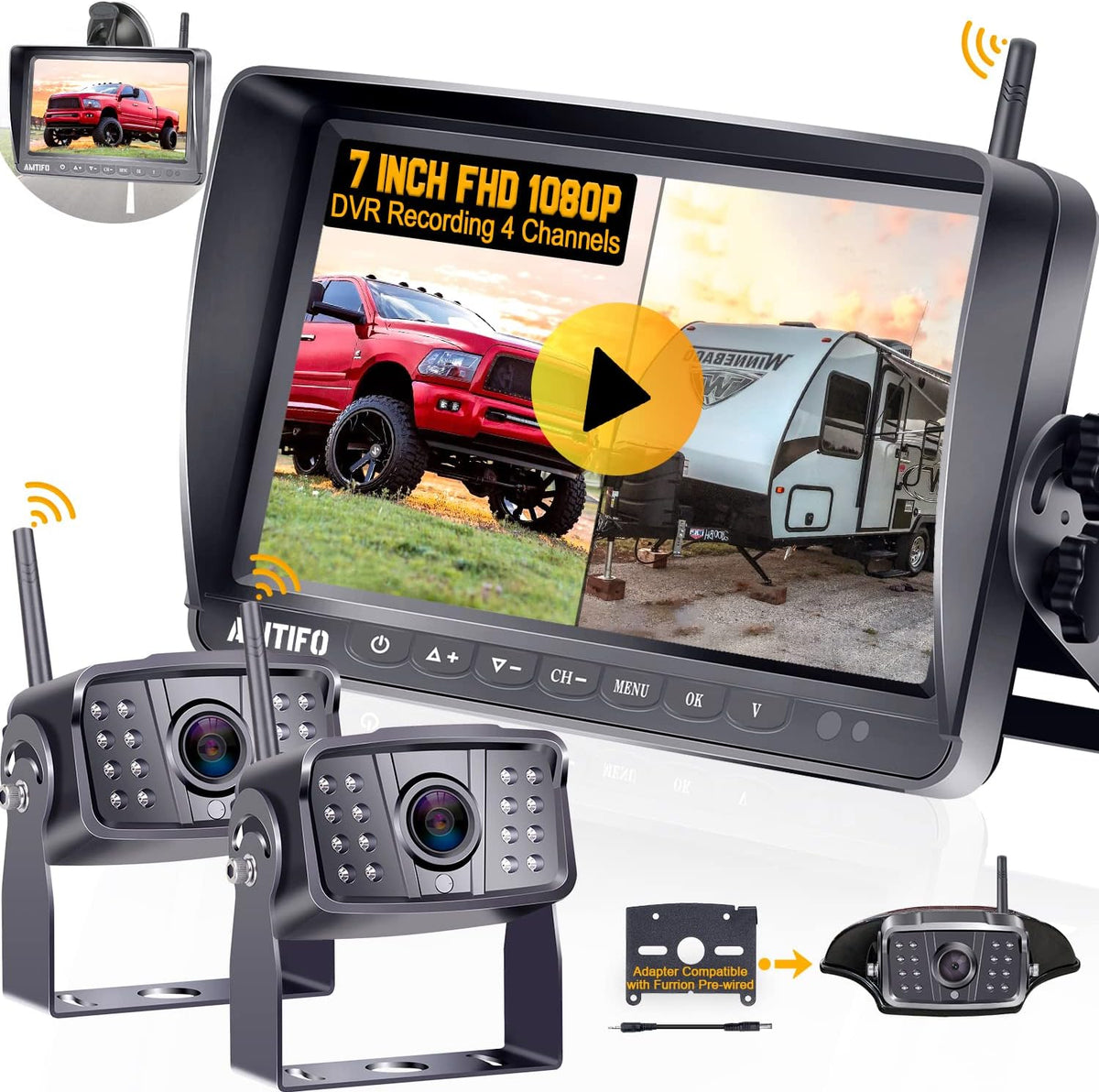 Wireless Backup Camera HD 1080P 2 Rear View Cameras 7 Inch DVR Monitor System C47145