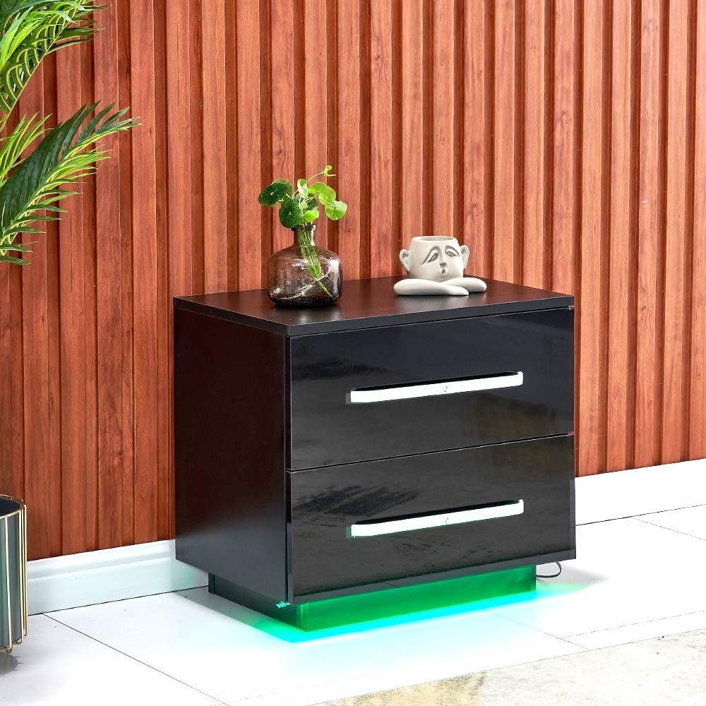 White High Gloss Bedside Table with 2 Storage Drawers and LED Lights M866