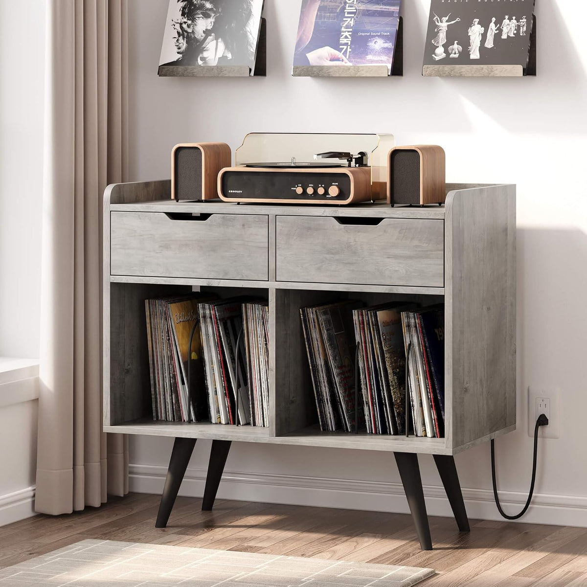 Gray Wooden Record Player Stand with Storage and Drawers C612214