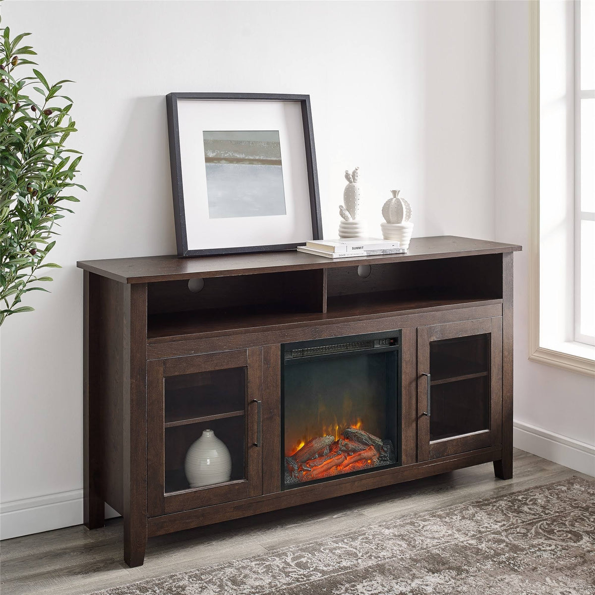 58-inch 2-Door Fireplace TV Stand Console Brown P129