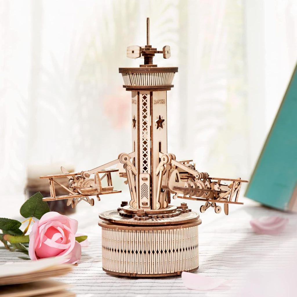 3D Wooden Puzzles Music Box DIY Model Craft Kits Mechanical Airplane-Control Tower Z238