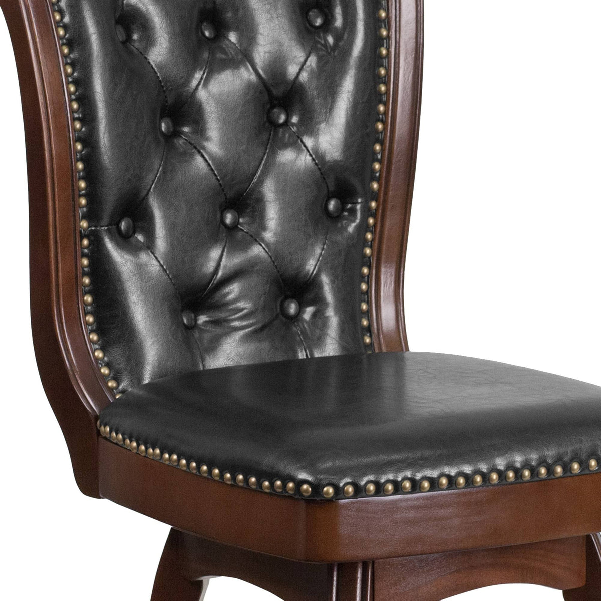 26 Inch Cappuccino Wood Counter Height Stool with Black Leather Swivel Seat Q352