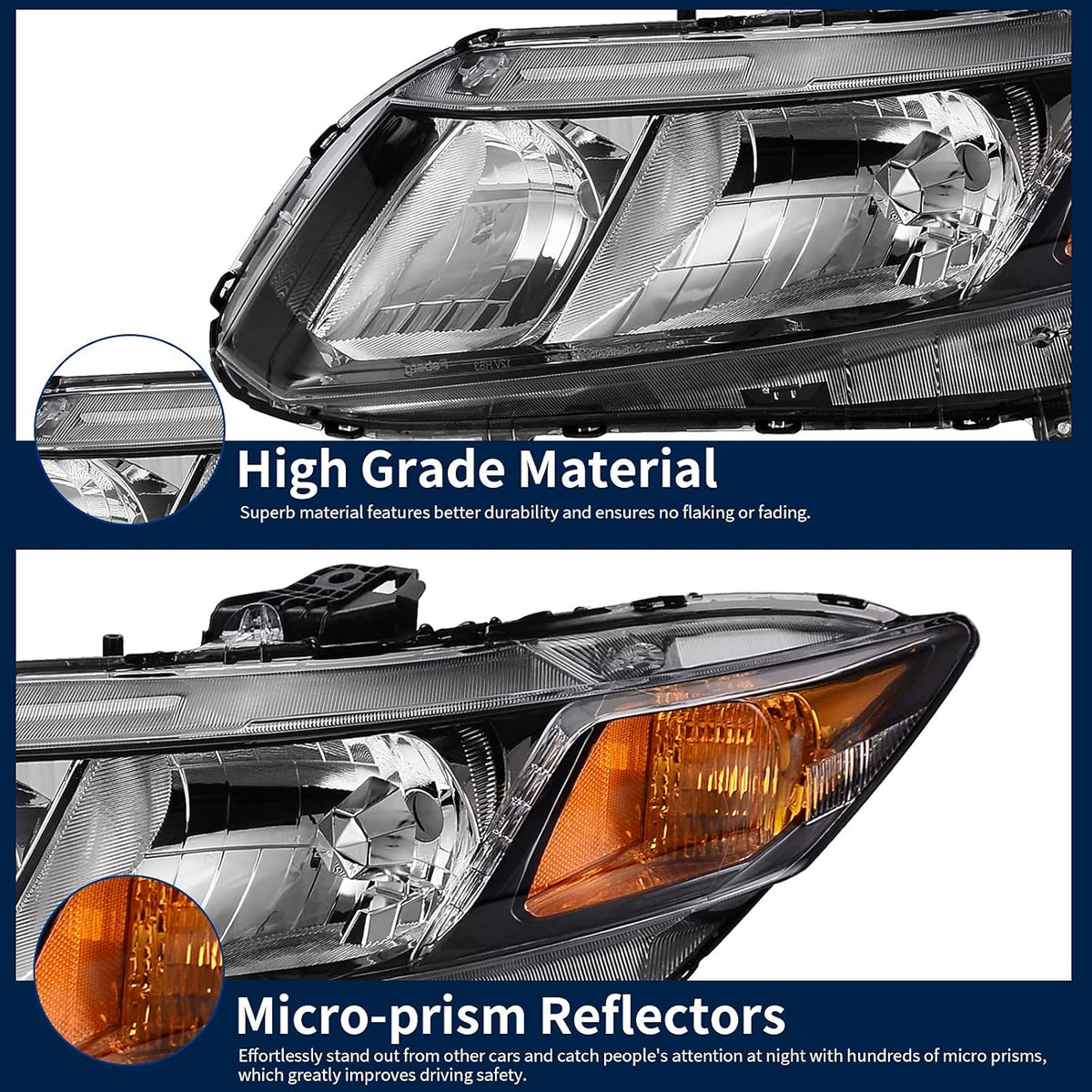 Headlight Assembly Compatible with 2012 2015 Civic Sedan 4-Door Coupe 2-Door Black Housing Amber Reflector Y169211