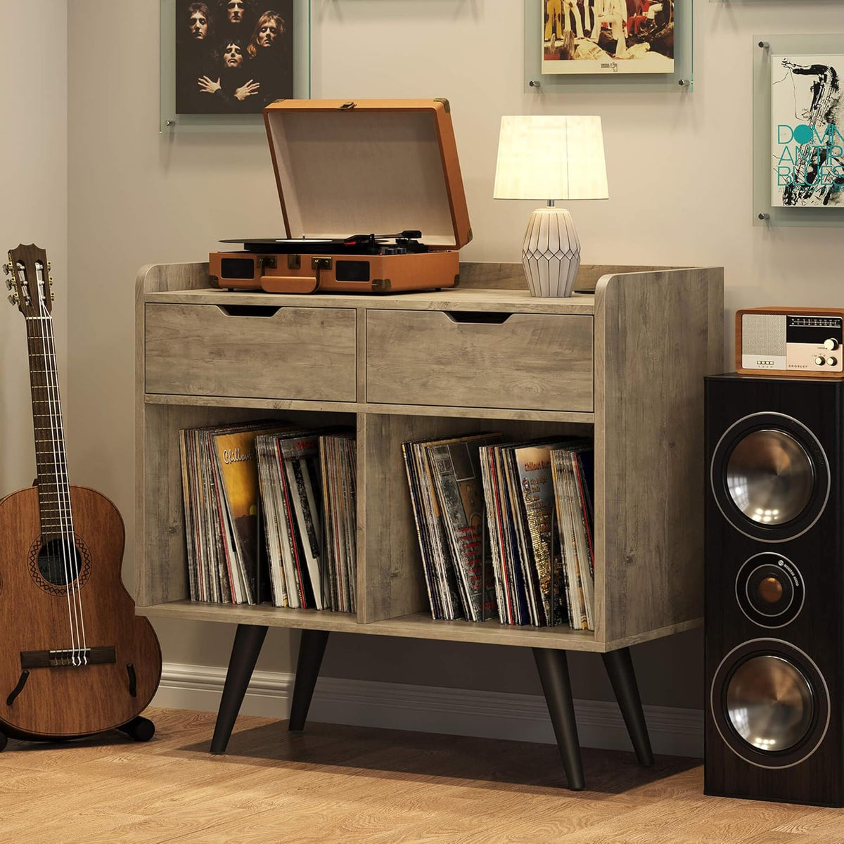 Gray Wooden Record Player Stand with Storage and Drawers C612214