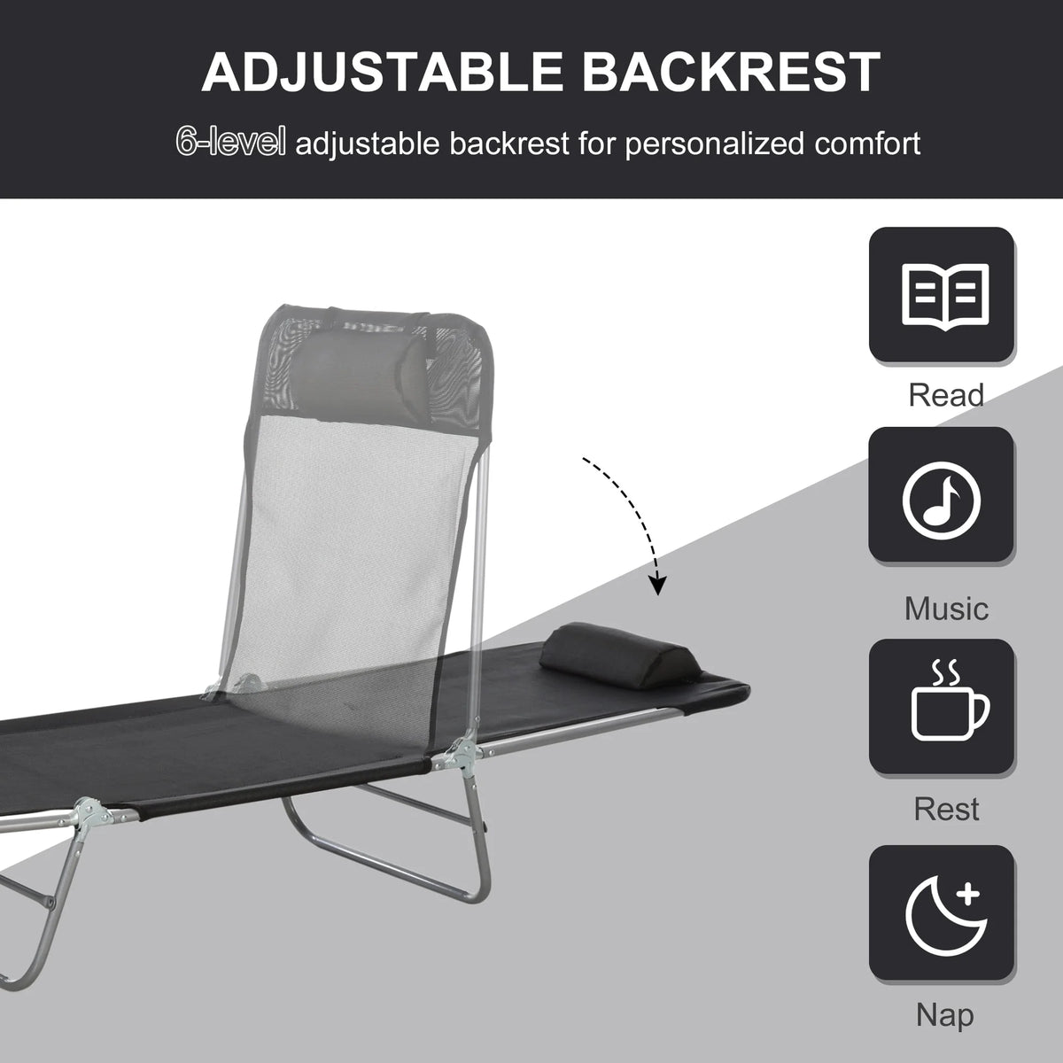 Folding Chaise Lounge Pool Chairs with Pillow, Steel Frame & Breathable Mesh, Black H7056