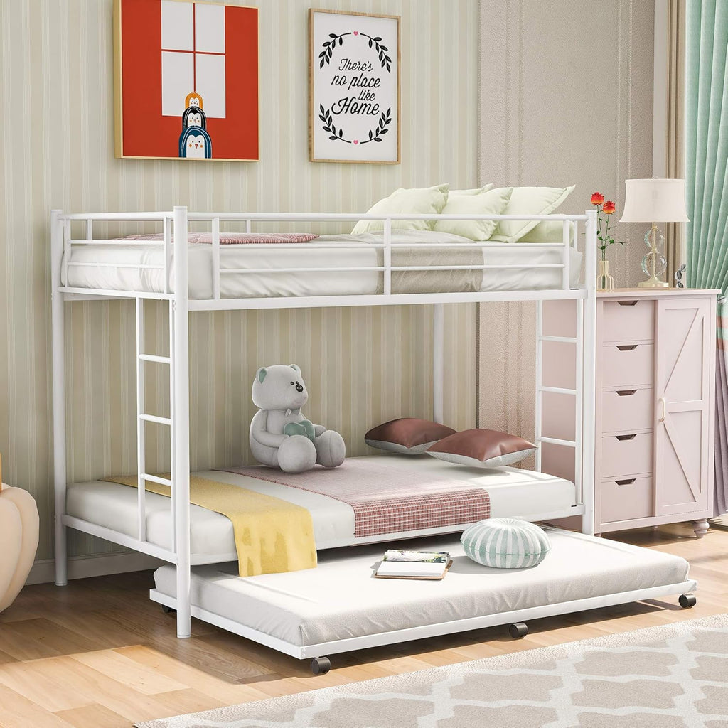 Twin Over Twin Metal Bunk Bed with Trundle and 2 Ladders (White) S46644