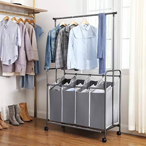Gray 4-Bag Rolling Laundry Sorter with Hanging Bar Y953