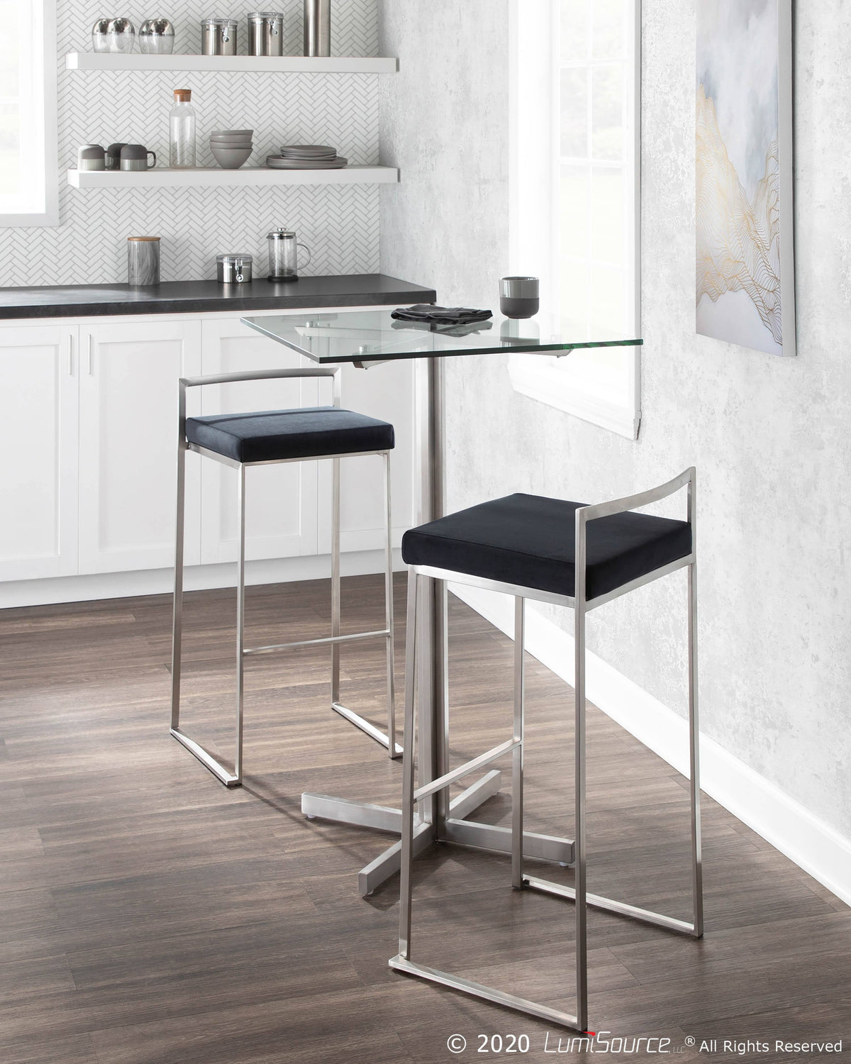 Square Bar Table Stainless Steel Clear Glass Top J4662