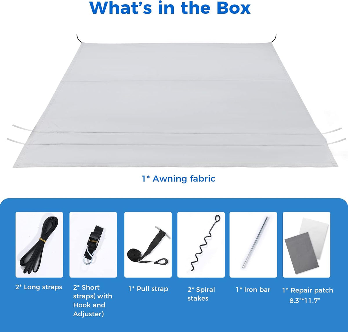 280GSM RV Awning Replacement Fabric with Awning Anchor Kits & Pull Tension Strap, Gray R38901