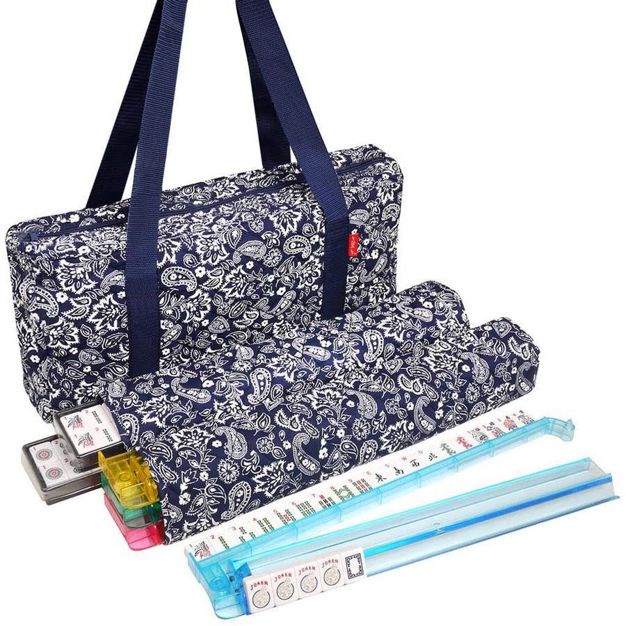 American mAh Jongg Set with White Tiles and Blue Paisley Soft Bag P3495