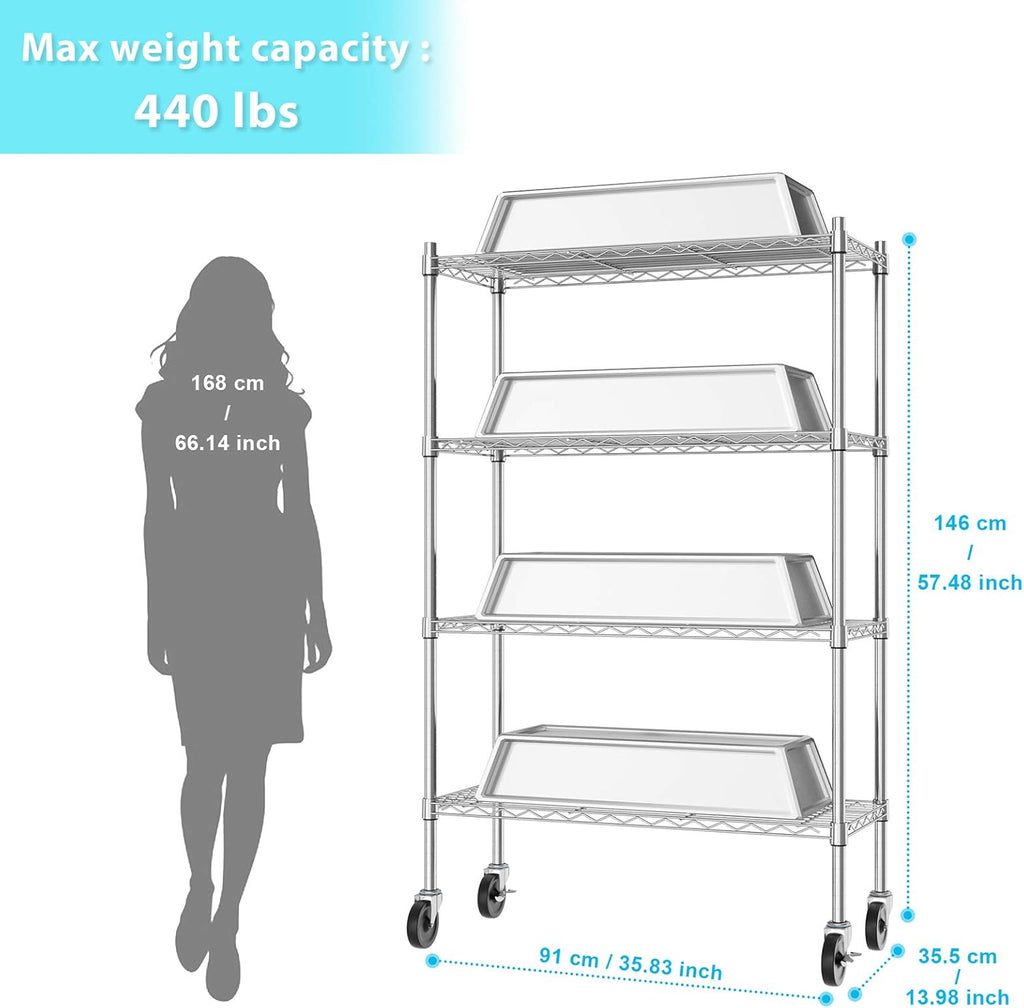 4 Tiers Rolling Cart Utility Racks Adjustable Wire Metal Shelving L755934