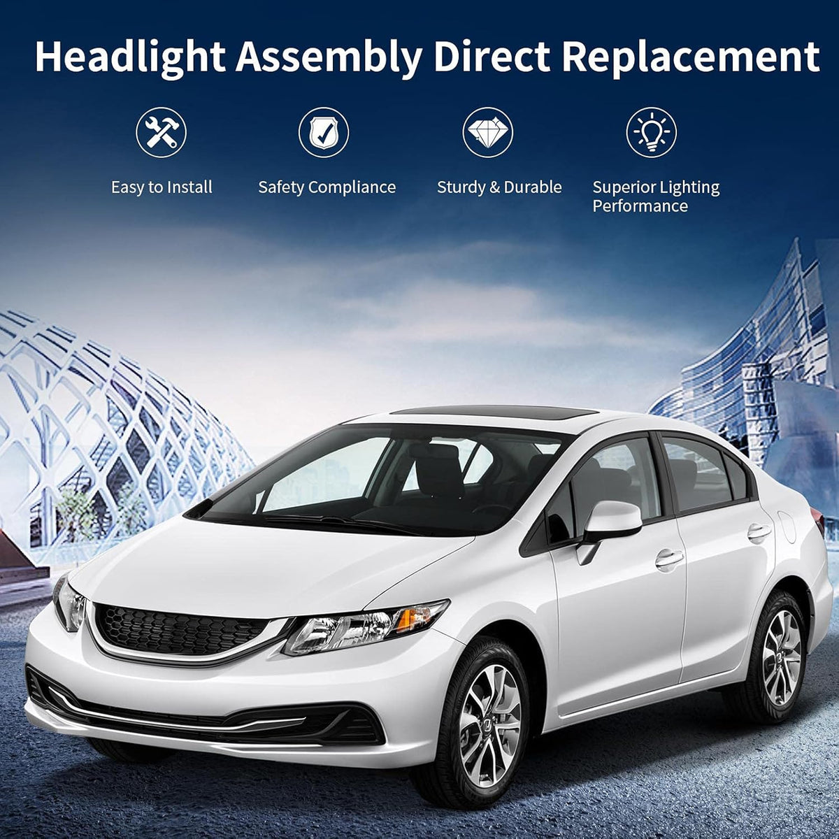 Headlight Assembly Compatible with 2012 2015 Civic Sedan 4-Door Coupe 2-Door Black Housing Amber Reflector Y169211