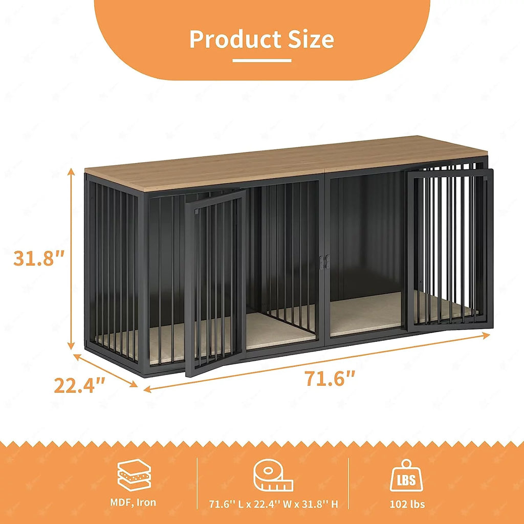 Black Large 2 Dog Steel Frame Wooden Top Crate Furniture O342