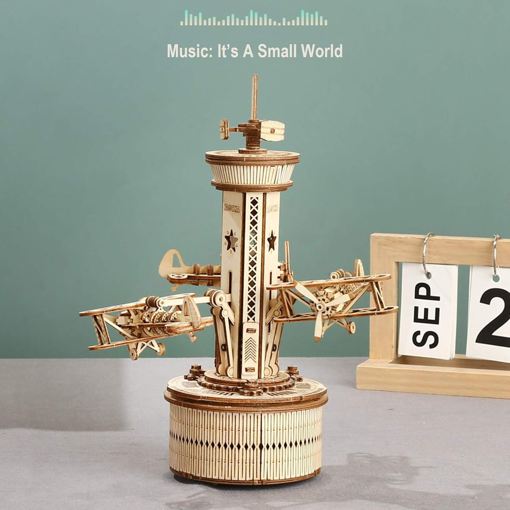 3D Wooden Puzzles Music Box DIY Model Craft Kits Mechanical Airplane-Control Tower Z238