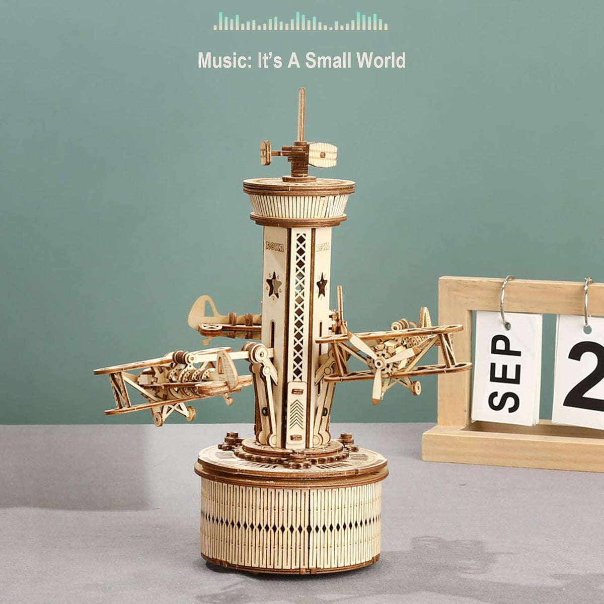 3D Wooden Puzzles Music Box DIY Model Craft Kits Mechanical Airplane-Control Tower Z238