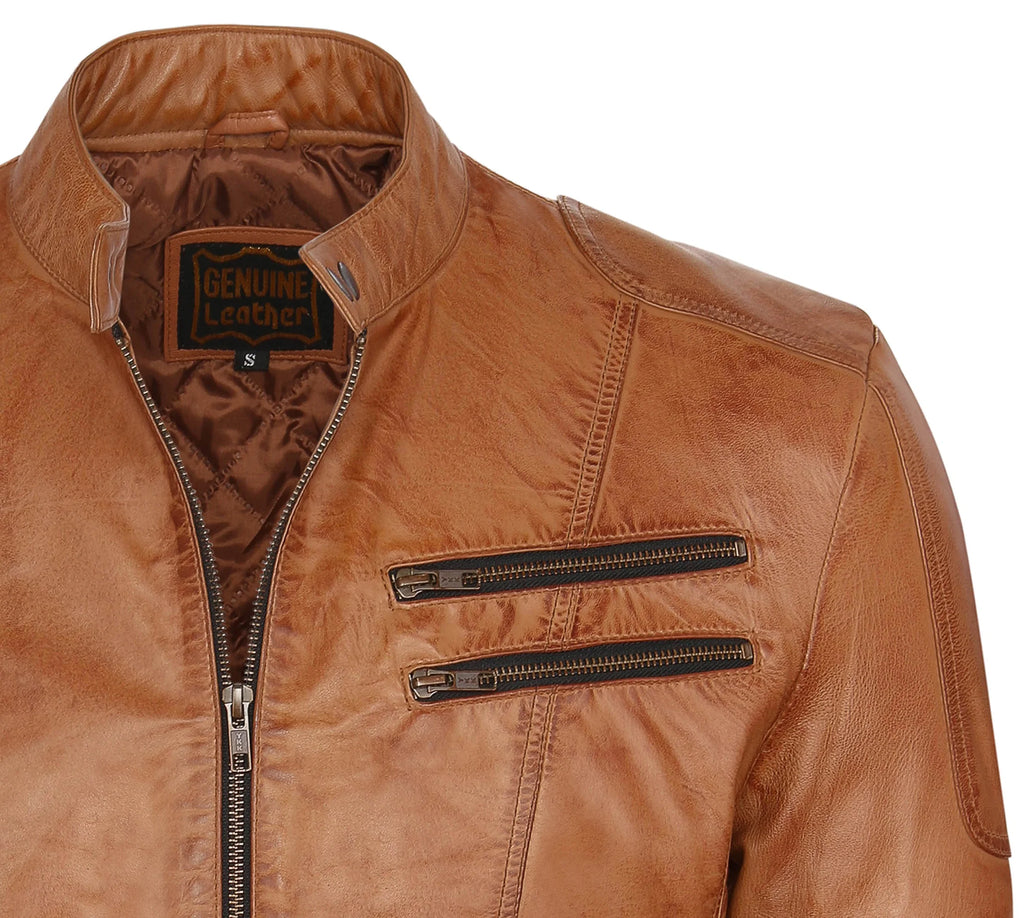 Camel Lambskin Leather Biker Jacket Size L P242