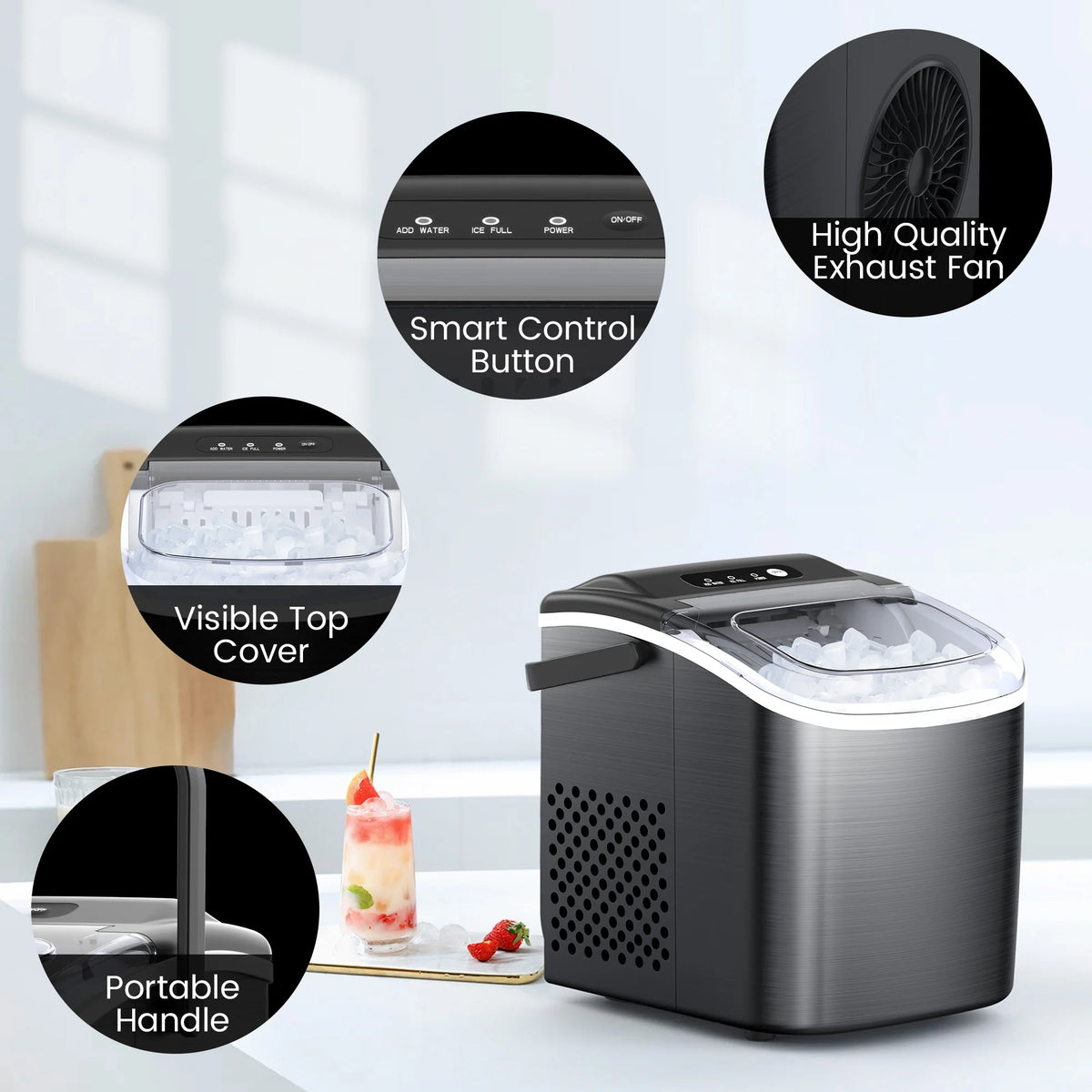 Black Stainless Steel Countertop Ice Maker with Scoop & Basket G137611