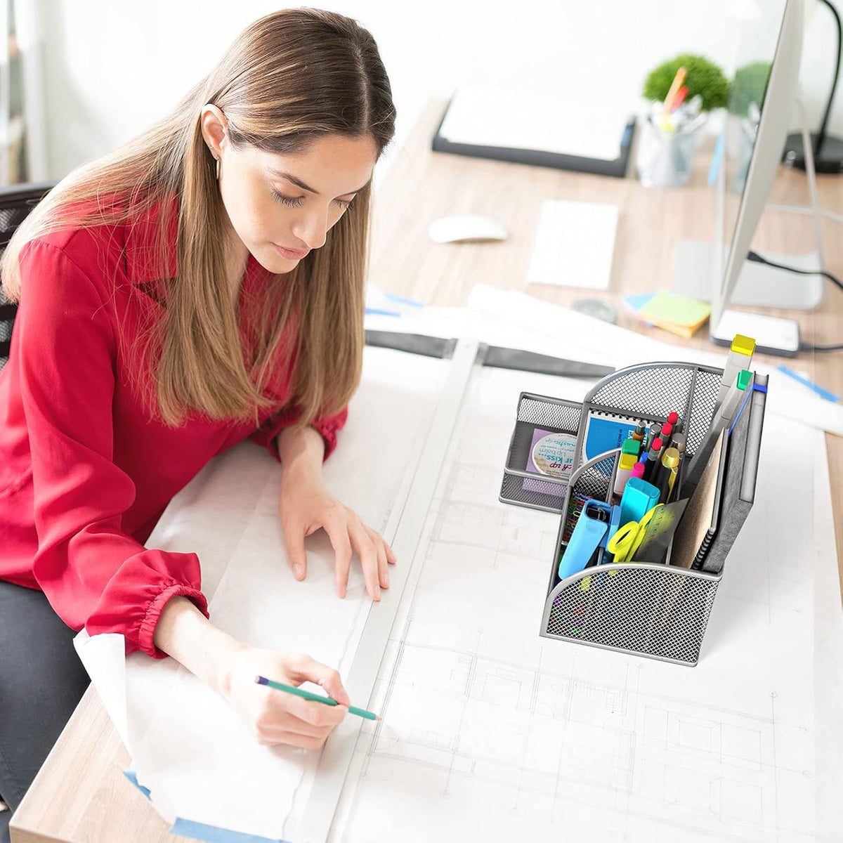 Metal 6 Compartment Desk Organizer with Drawer, Pack of 2 Q25326