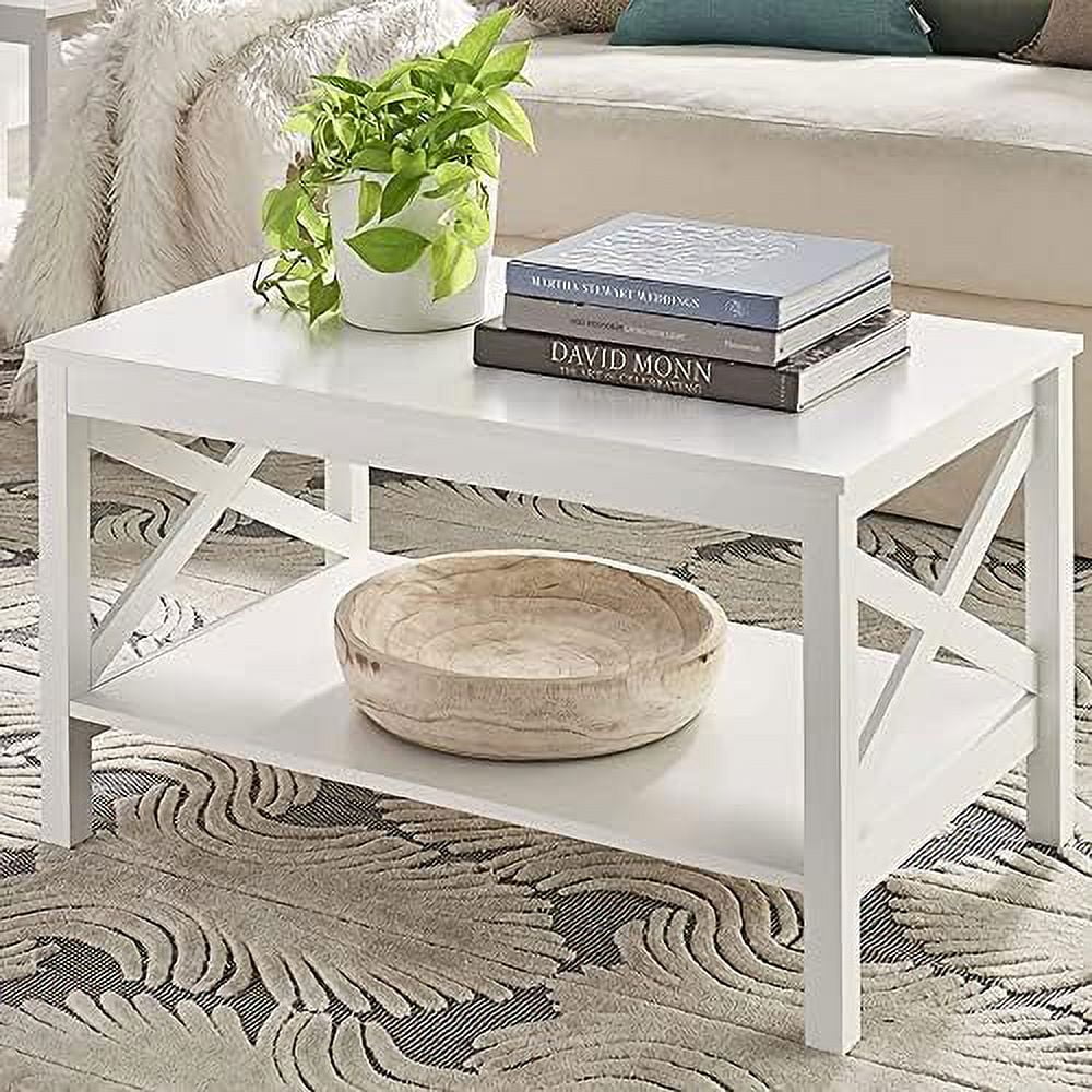 White Wood Coffee Table with Shelf F75650