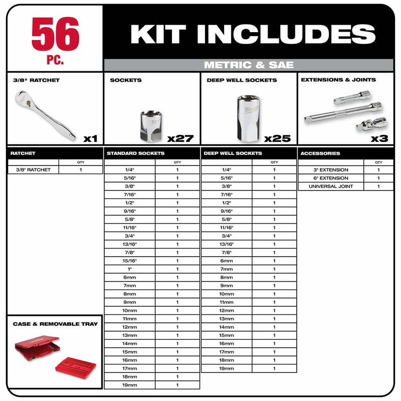 3/8 in. Drive SAE/Metric Mechanics Tool Set 62-Piece with 3-Drawer Tool Box K212