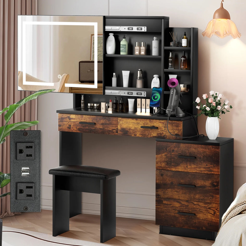White Makeup Vanity Desk Set with Sliding Mirror and Lights Y94140