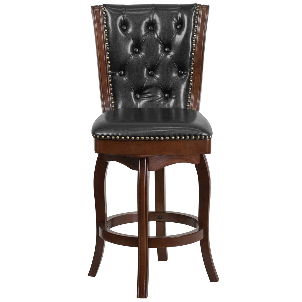 26 Inch Cappuccino Wood Counter Height Stool with Black Leather Swivel Seat Q352