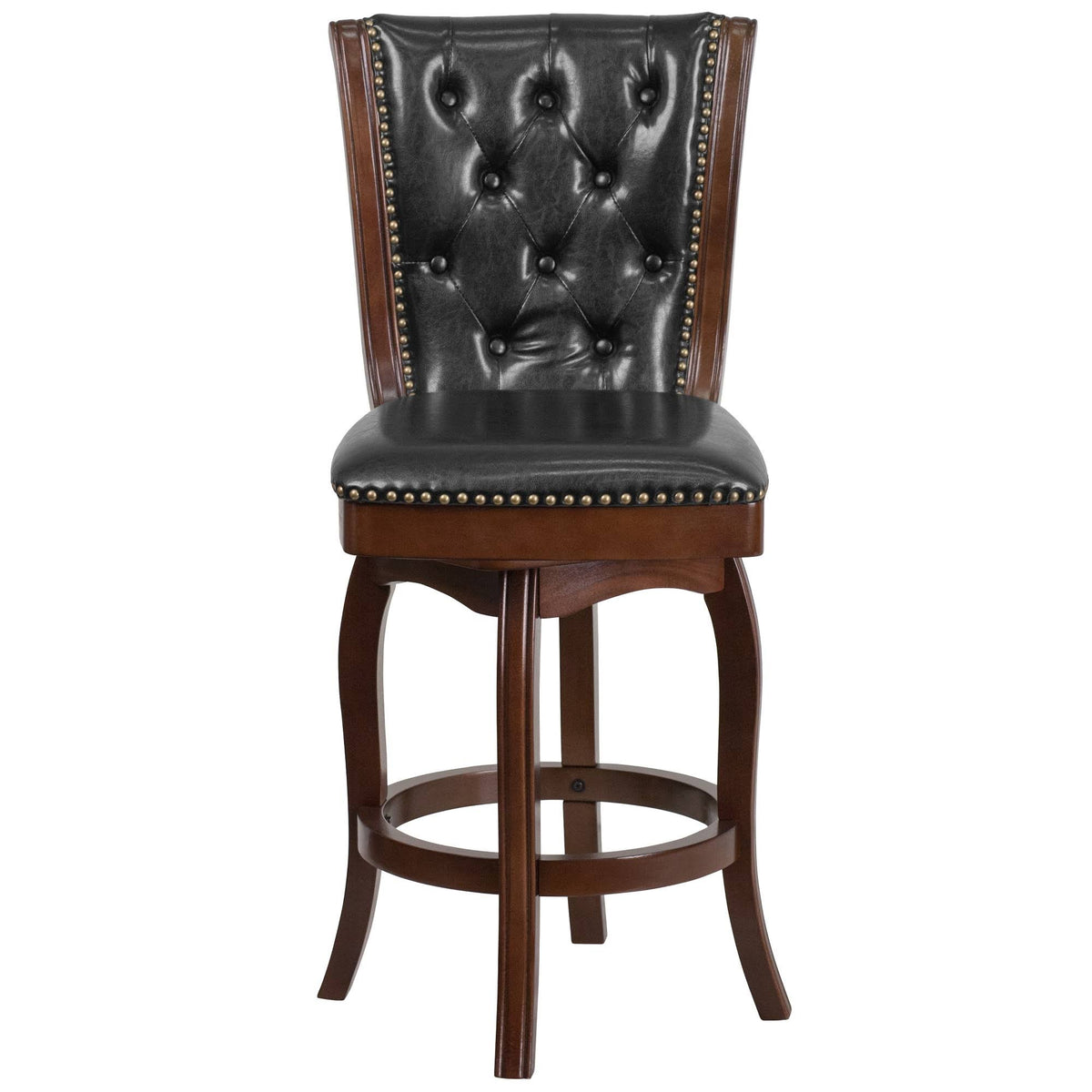 26 Inch Cappuccino Wood Counter Height Stool with Black Leather Swivel Seat Q352