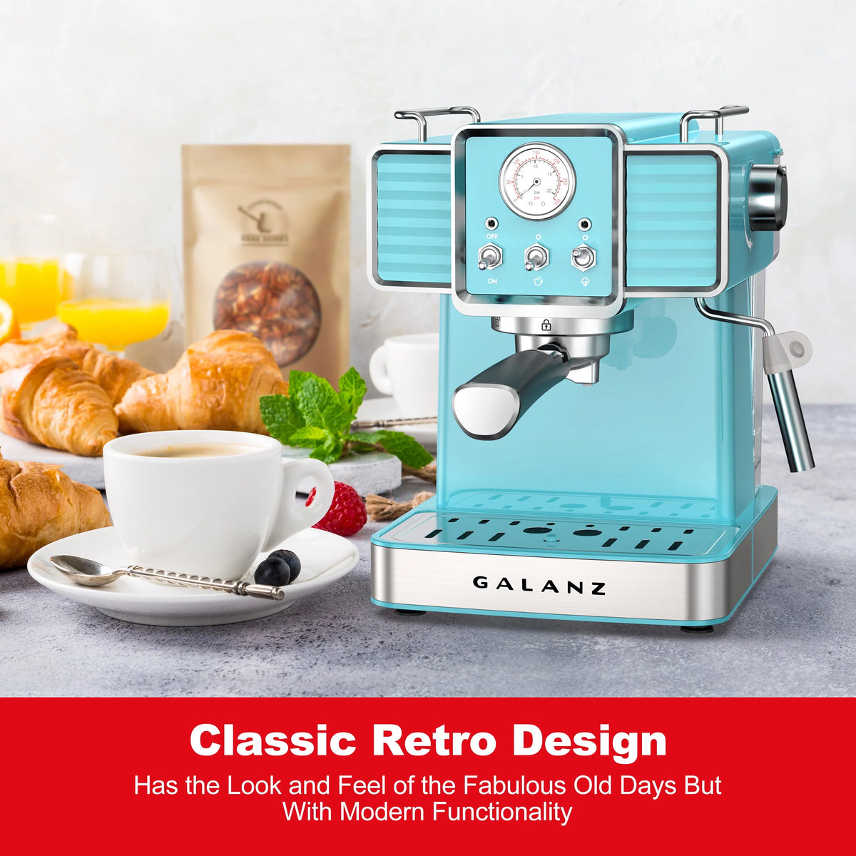 Espresso Machine with Milk Frother, 15 Bar Pump, 1.5L Removable Water Tank, Retro Red, 1350 W C61677