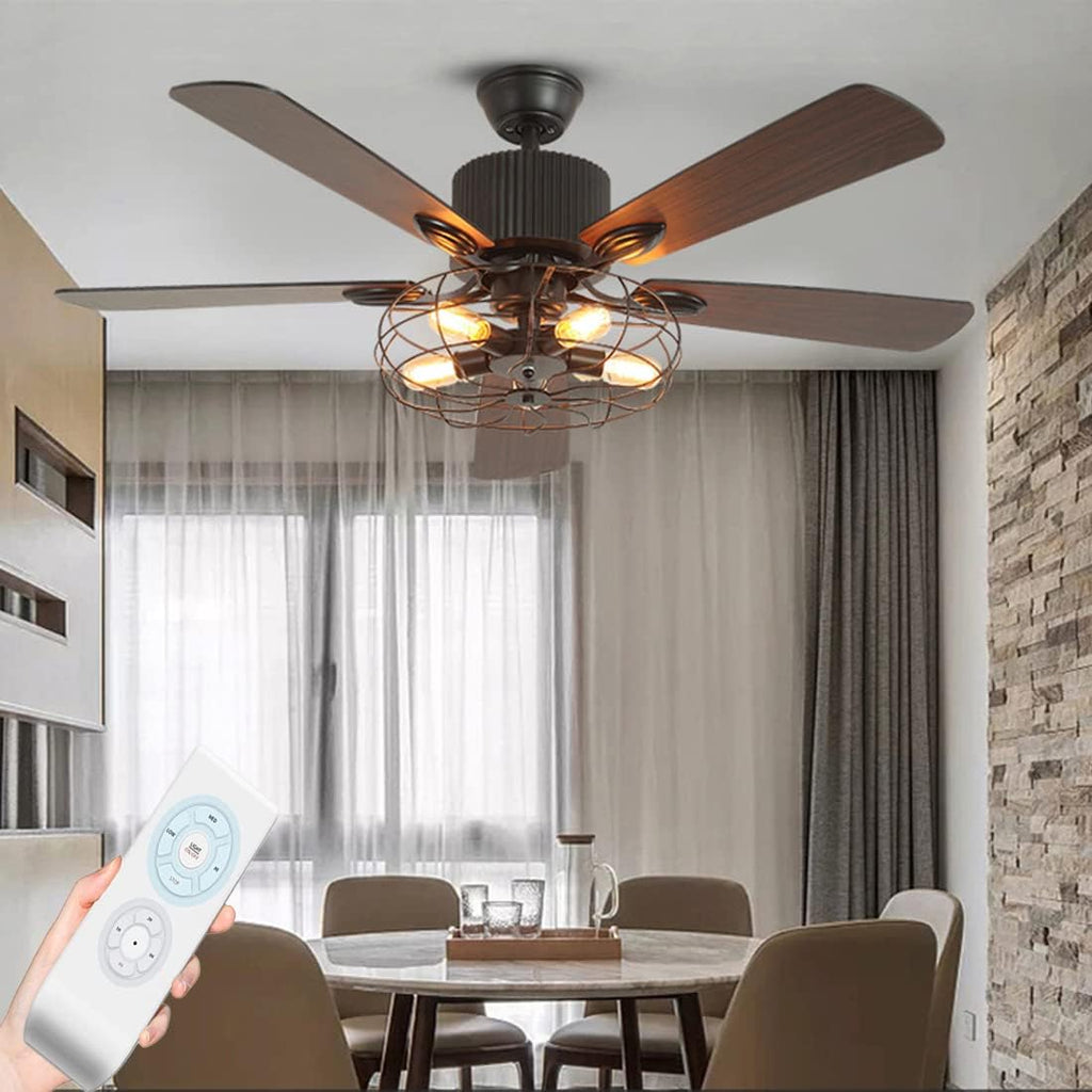 Black Industrial Ceiling Fan with Light and Remote, 5 Wood Blades, 5-Lights E26 Z9699