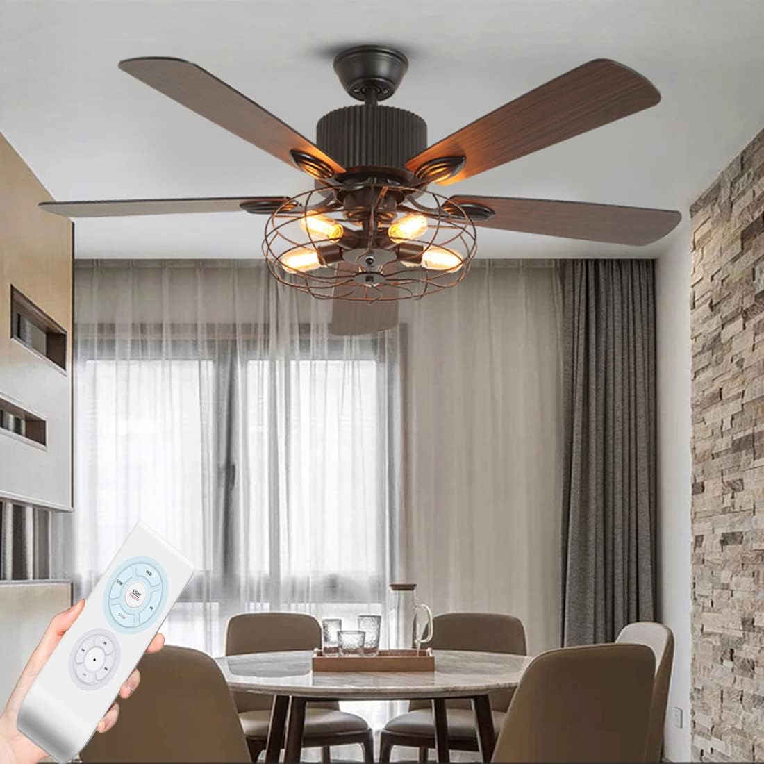 Black Industrial Ceiling Fan with Light and Remote, 5 Wood Blades, 5-Lights E26 Z9699