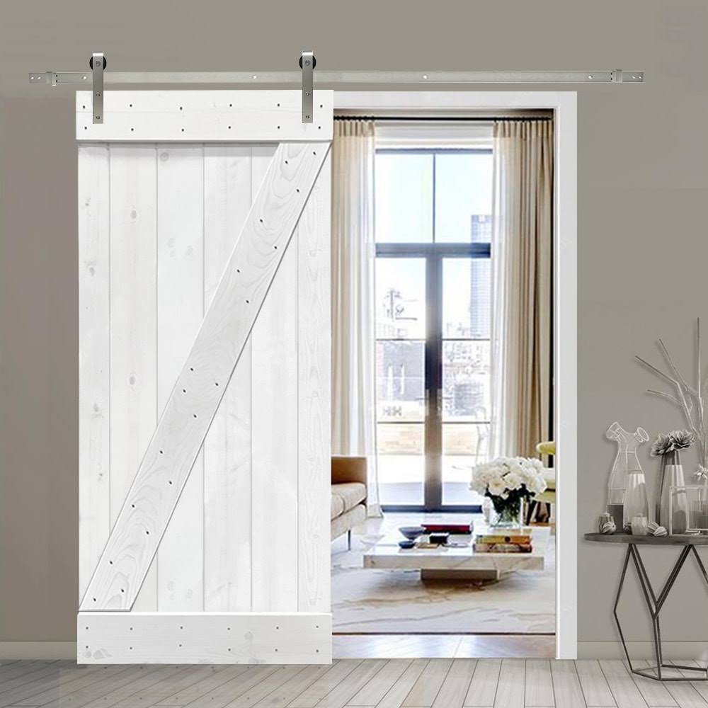 White Stained Wood Interior Sliding Barn Door with Hardware Kit X6729